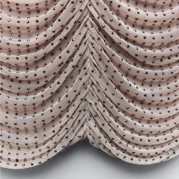 ZARA SHORT MESH DRESS WITH RHINESTONES BEIGE-PINK NEW - Picture 2 of 9